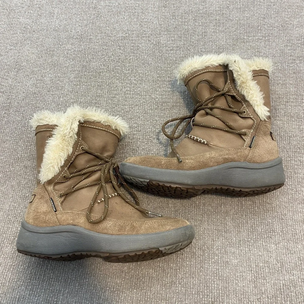 Clarks Snow Boots Womens Size 6.5 Brown Leather Faux Fur Waterproof Wave‎ Walk